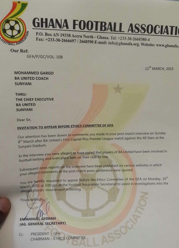 A copy of the Ghana FA letter inviting Mohammed Gargo.